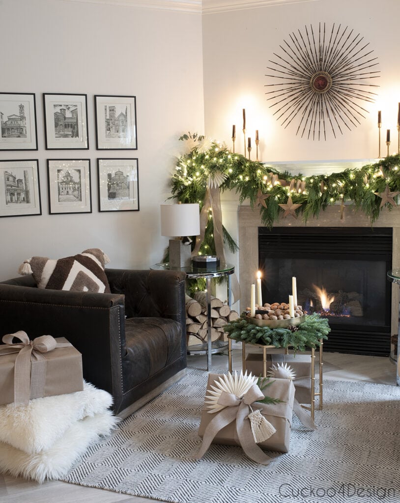Cozy Fireplace Corner with Fairy Lights on Mantel Cozy Fireplace Corner with Fairy Lights on Mantel — Christmas Fairy Lights Living Room
