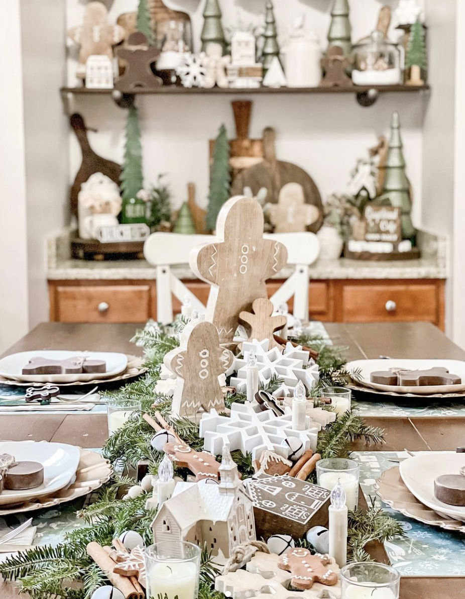 Farmhouse Dining Table with Large Wooden Gingerbread Figures — Gingerbread Christmas Decor
