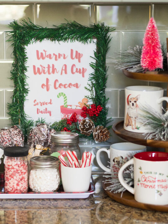 Modern Farmhouse Hot Cocoa Bar with Tiered Stand and Festive Sign — Christmas Hot Cocoa Bar