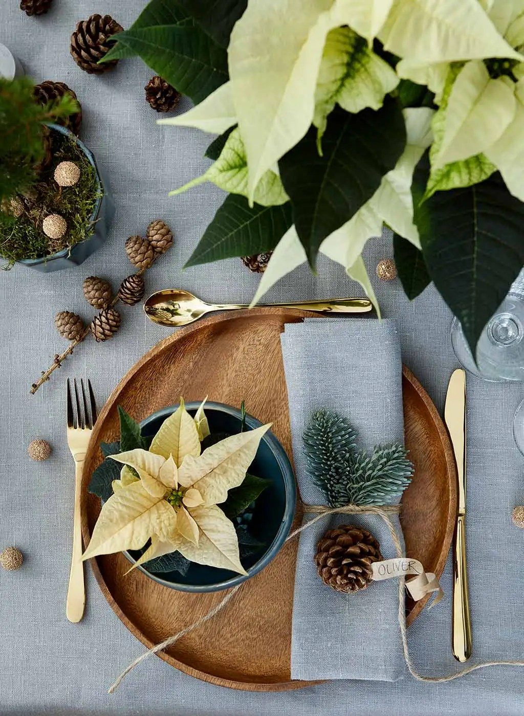 Natural Place Setting with Poinsettia Accent — Christmas Wedding Decor
