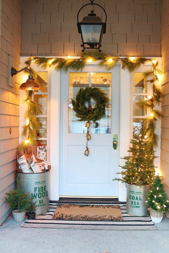 Festive Entryway with Garland, Lights, and Mini Trees — Simple Christmas Outdoor Decor