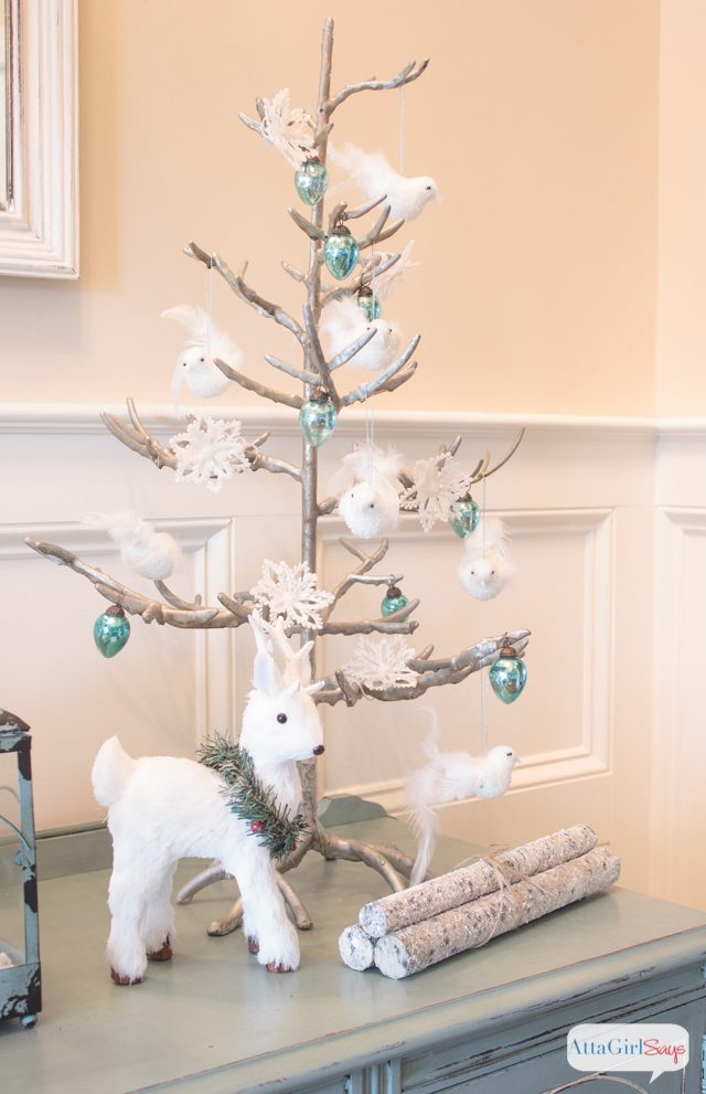 Whimsical Tabletop Vignette with a Silver Tree, White Birds, and a Deer Whimsical Tabletop Vignette with a Silver Tree, White Birds, and a Deer — White Christmas Decor