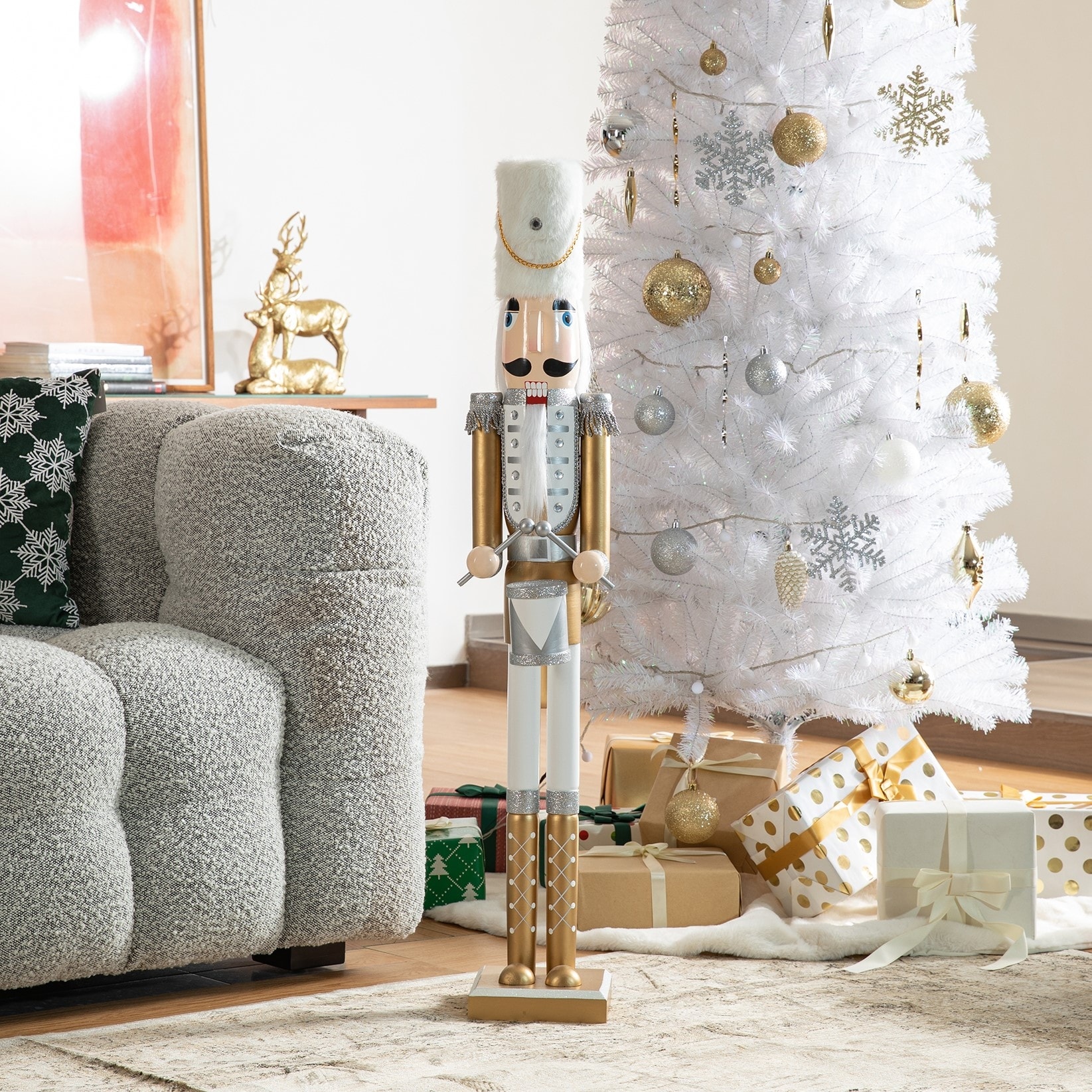 Tall Slender Nutcracker Next to a White Flocked Tree Tall Slender Nutcracker Next to a White Flocked Tree — Nutcracker Christmas Decor