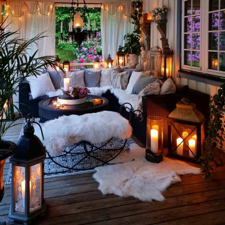 Inviting Balcony Seating Area with Lanterns and Sheepskin Throws — Christmas Balcony Decor