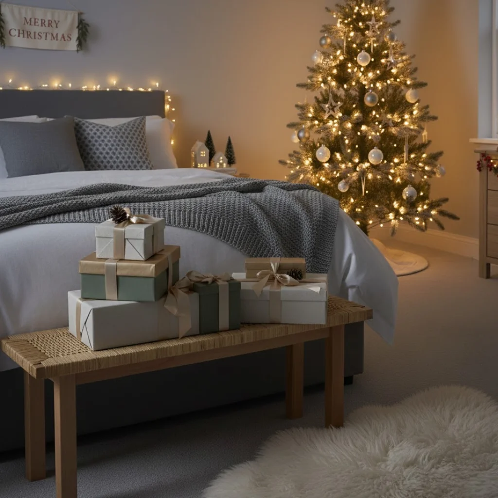 Modern Christmas Bedroom with Fairy Lights, Tree, and Wrapped Gifts — Christmas Fairy Lights Headboard