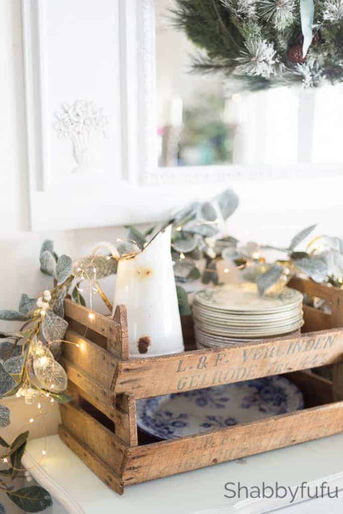 Vintage Wooden Crate with Eucalyptus Garland on Kitchen Counter — Rustic Christmas Decor