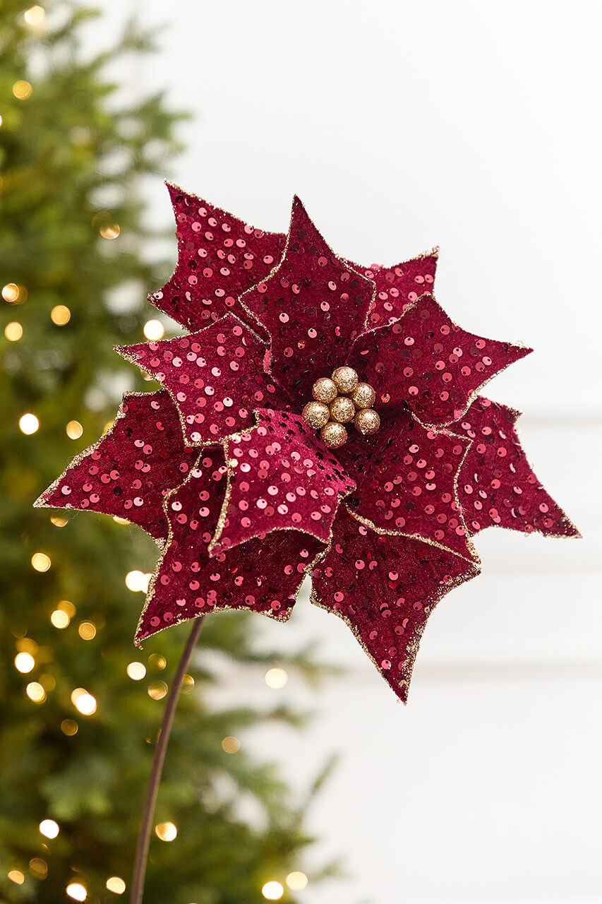 Sparkling Burgundy Poinsettia Stem with Gold Glitter — Burgundy Christmas Decor