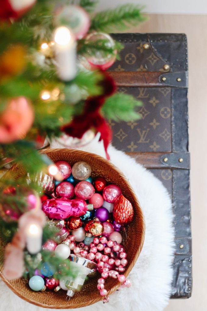 Overflowing Wicker Basket of Vintage Ornaments on Faux Fur — Vintage Christmas Ornaments