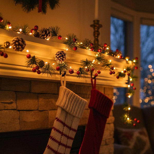 Warm White Red Green Brown Visual Idea — Christmas Lights in Garland Indoor