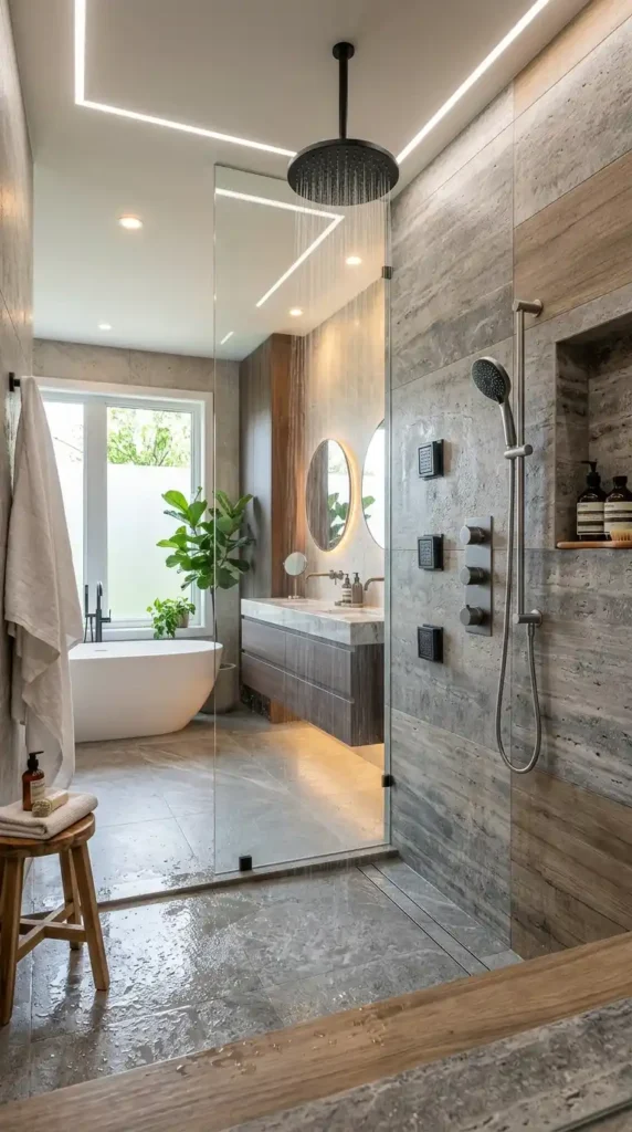 Modern Shower with Rain Showerhead and Integrated Lighting — Shower Room Ideas