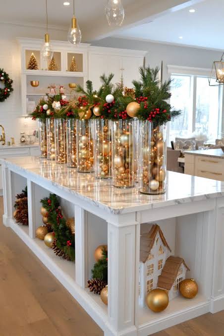 Modern Kitchen Island Centerpiece with Gold Ornaments and Fairy Lights — Christmas Kitchen Decor