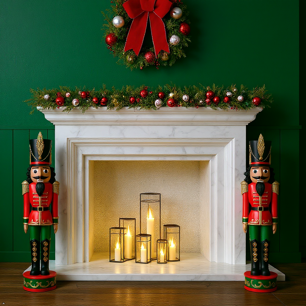 Traditional Nutcrackers Flanking a Festive Fireplace Traditional Nutcrackers Flanking a Festive Fireplace — Nutcracker Christmas Decor