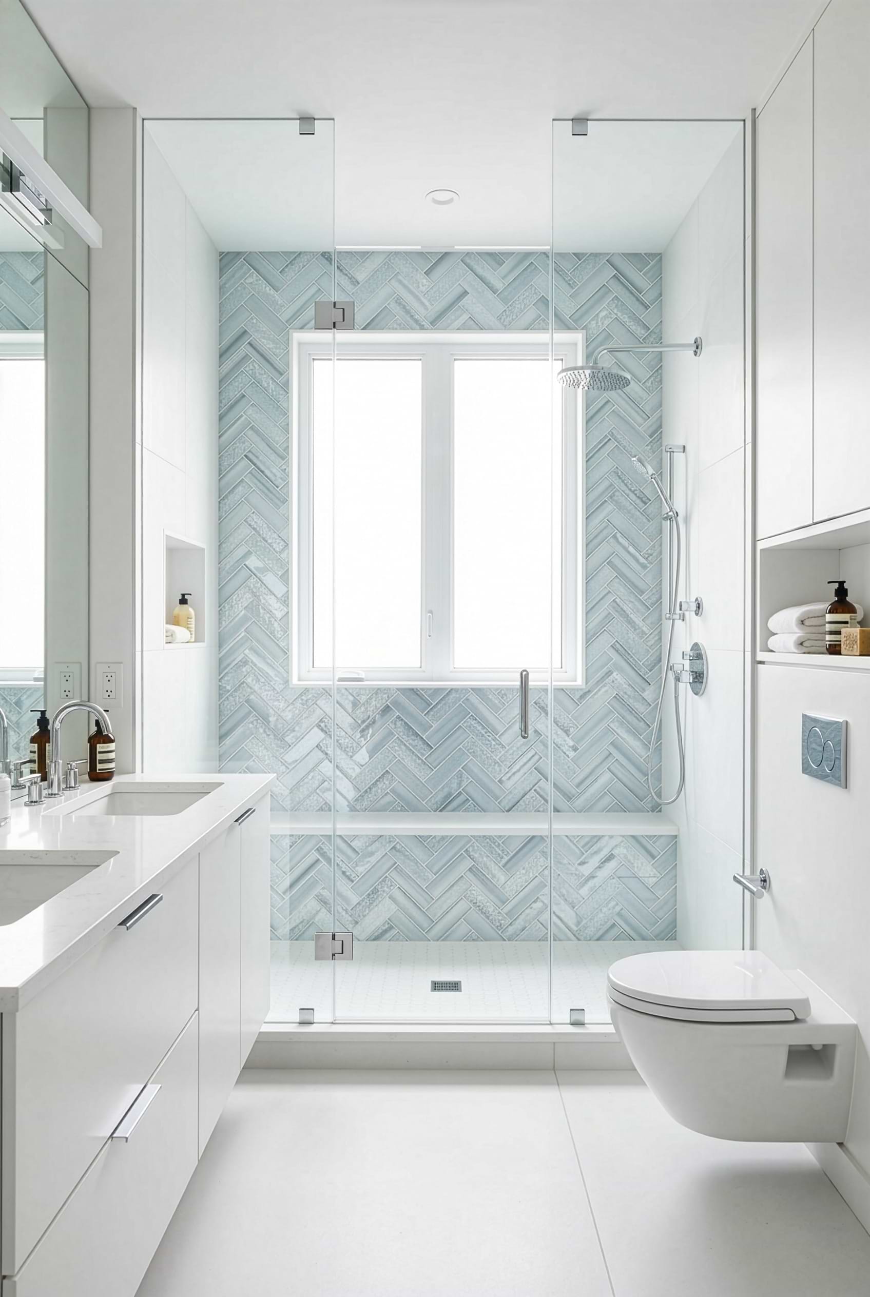 Modern Compact Shower with Light Blue Herringbone Tile — Shower Room Ideas