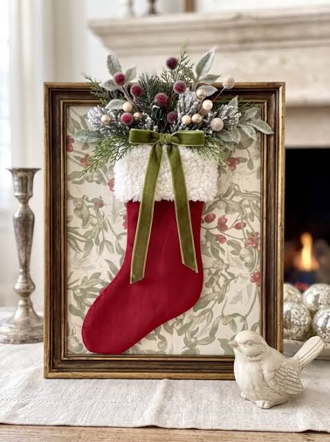 Vintage Velvet Stocking in a Wooden Frame — Christmas Stockings Display