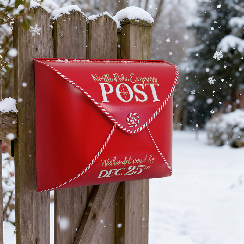 Whimsical 'North Pole Express' Envelope Mailbox Cover on Fence — Christmas Mailbox Decor