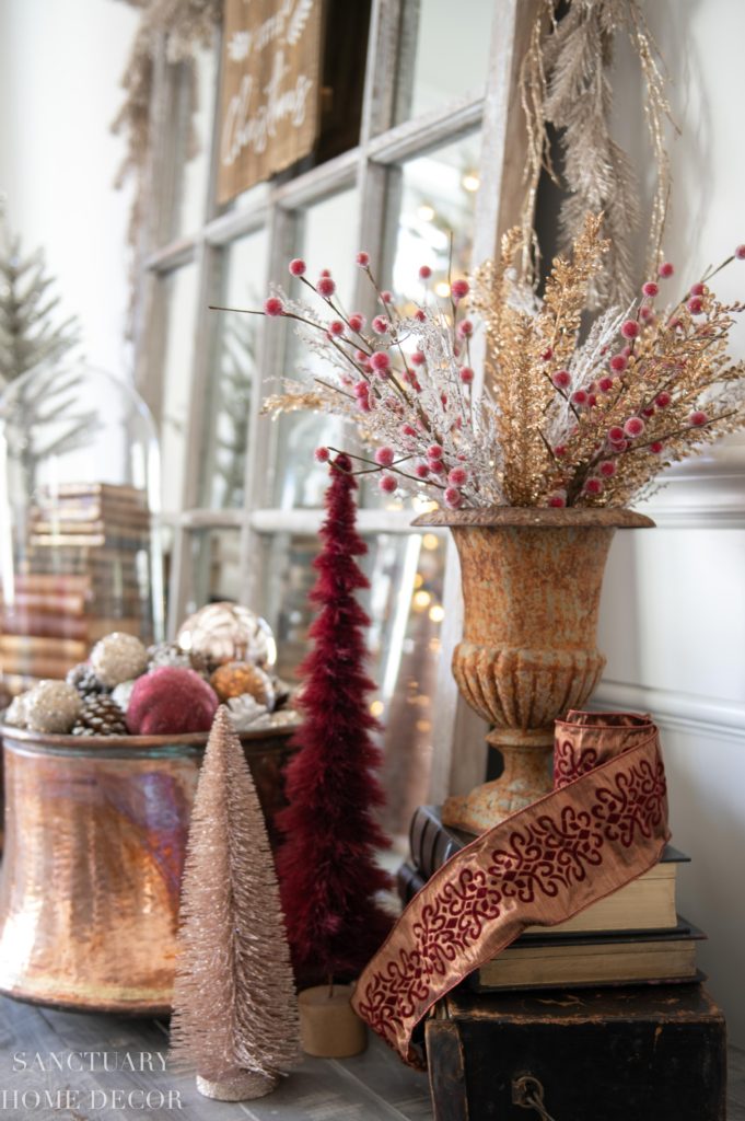 Festive Burgundy and Gold Mantelpiece Vignette — Burgundy Christmas Decor