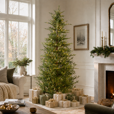 Tall Pre-Lit Christmas Tree with Warm Fairy Light Accents Tall Pre-Lit Christmas Tree with Warm Fairy Light Accents — Christmas Fairy Lights Living Room