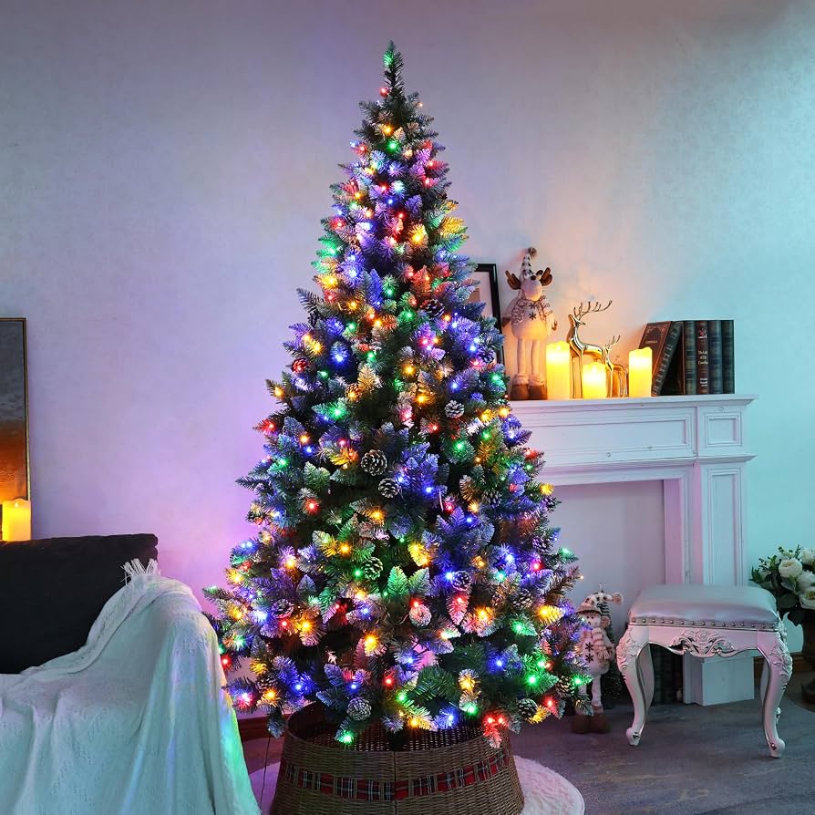 Traditional Tree with Pinecones and Multicolor Lights in a Wicker Base Traditional Tree with Pinecones and Multicolor Lights in a Wicker Base — Christmas Tree with Colored Lights