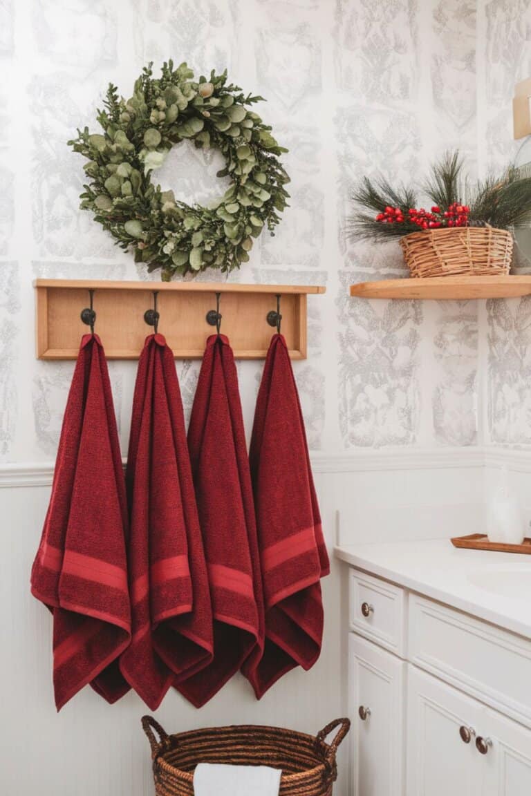 Vibrant Red Towels and Eucalyptus Wreath Display Vibrant Red Towels and Eucalyptus Wreath Display — Christmas Bathroom Decor