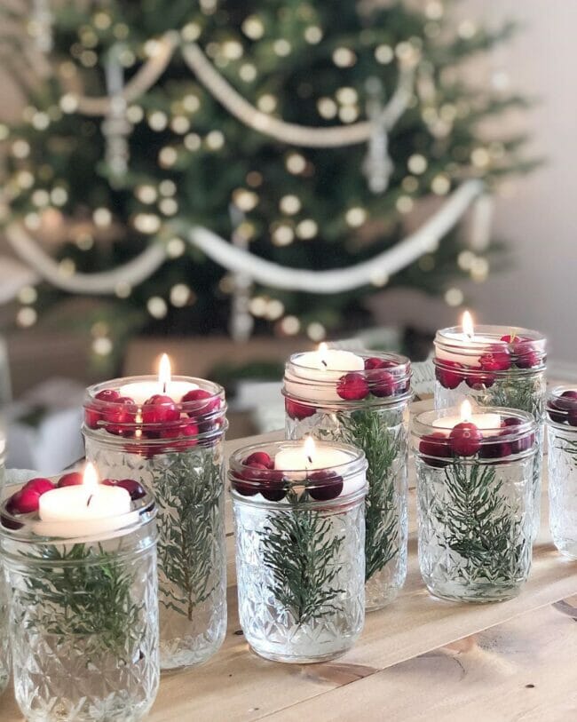 Rustic Mason Jar Candles with Rosemary and Cranberries — Christmas Candle Decor