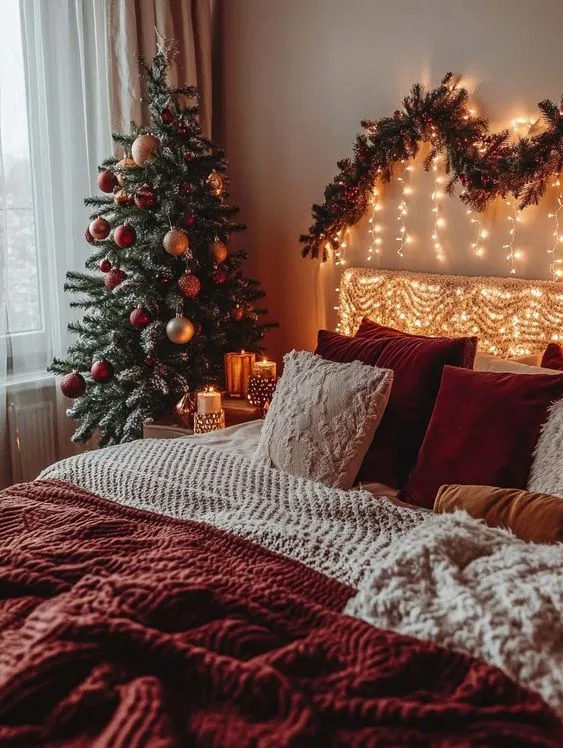 Cozy Christmas Bedroom with Garlanded Headboard and Tree Cozy Christmas Bedroom with Garlanded Headboard and Tree — Aesthetic Christmas Decor
