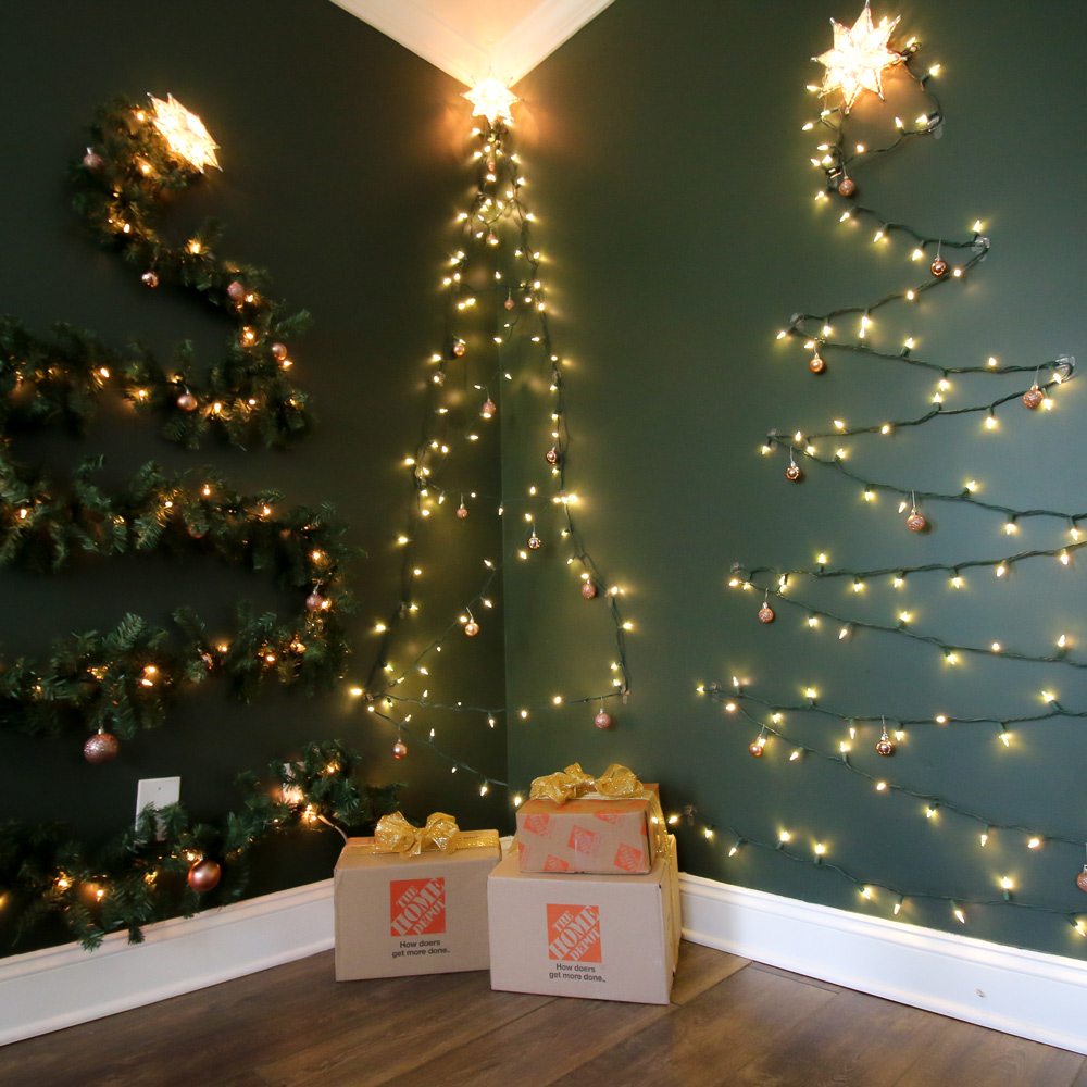 Whimsical Christmas Tree Shapes Made of Garland and Fairy Lights Whimsical Christmas Tree Shapes Made of Garland and Fairy Lights — Christmas Fairy Lights Wall