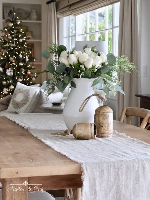Natural Linen Table Runner with Eucalyptus Centerpiece — Rustic Christmas Decor
