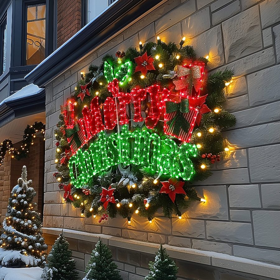 Wall-Mounted Lighted Wreath with 'Merry Christmas' Text — Christmas Yard Decor