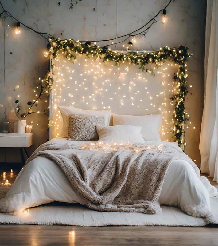 Minimalist White Headboard with Cascading Fairy Lights and Greenery — Christmas Fairy Lights Headboard