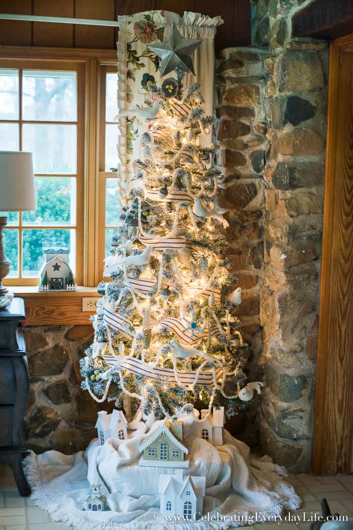 Flocked Farmhouse Tree with Miniature Houses Flocked Farmhouse Tree with Miniature Houses — Farmhouse Christmas Tree