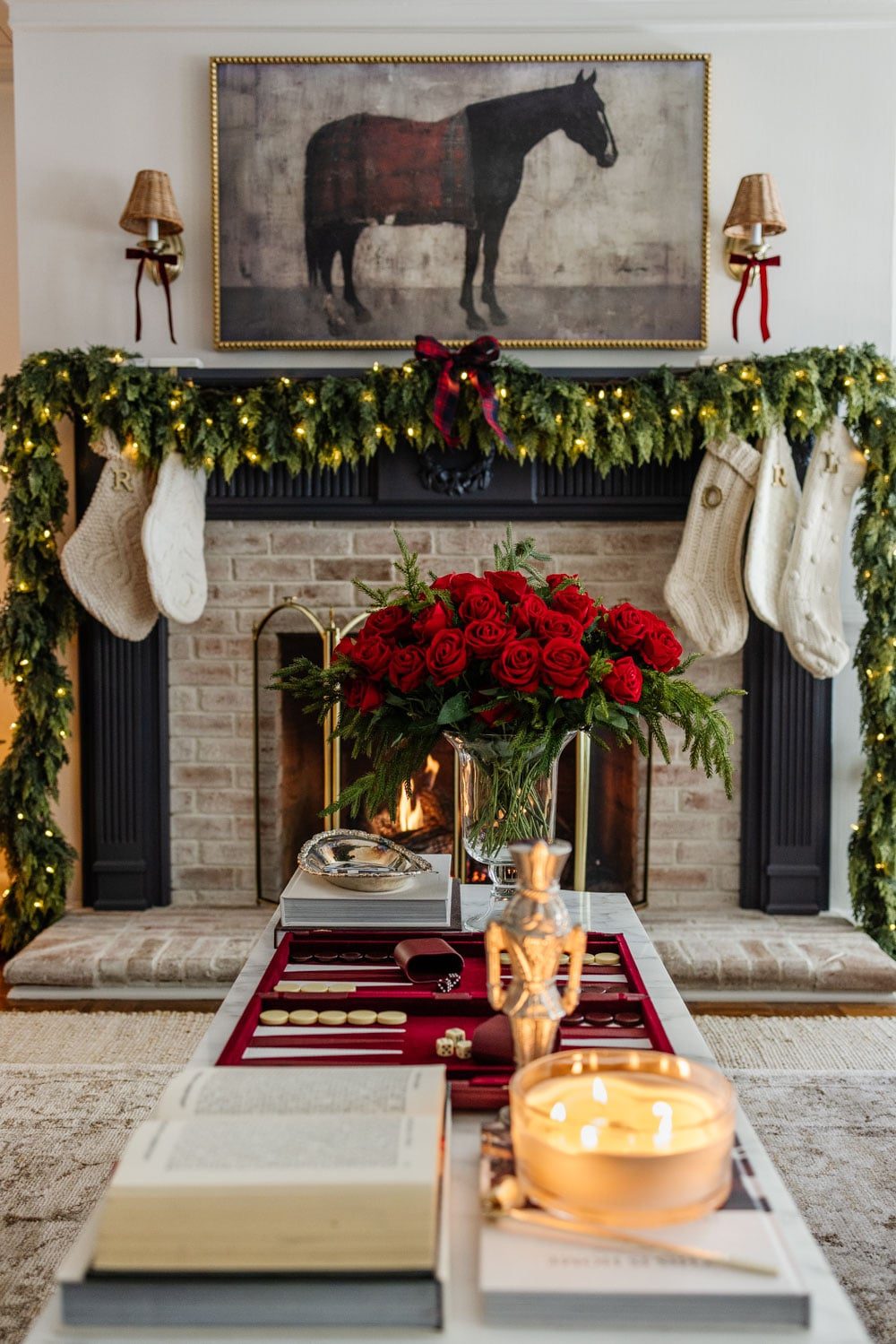 Traditional Mantel with Garland and Roses Traditional Mantel with Garland and Roses — Winter Decor After Christmas