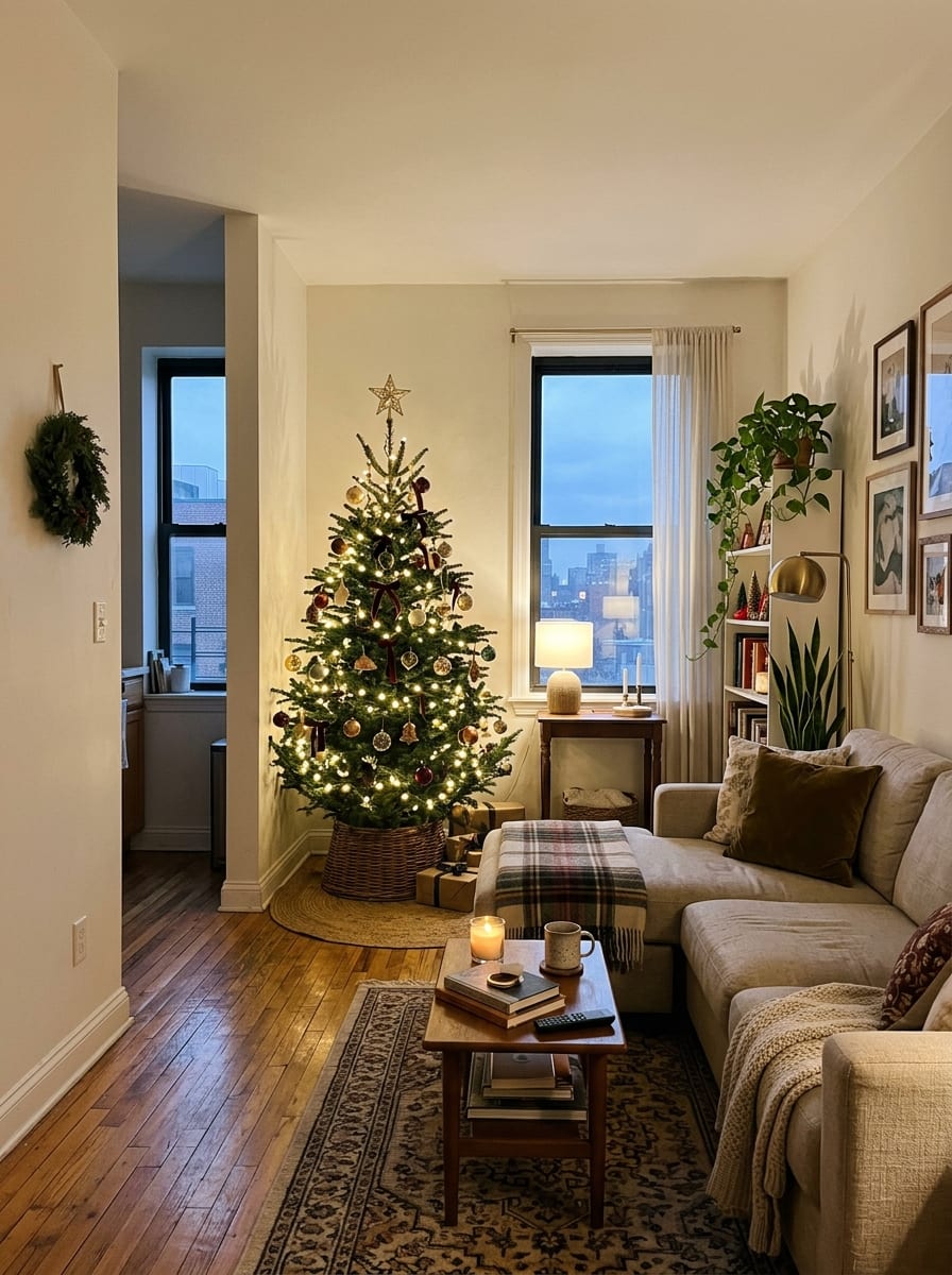 Modern Boho Christmas Tree on a Rattan Cabinet Modern Boho Christmas Tree on a Rattan Cabinet — Christmas Apartment Decor