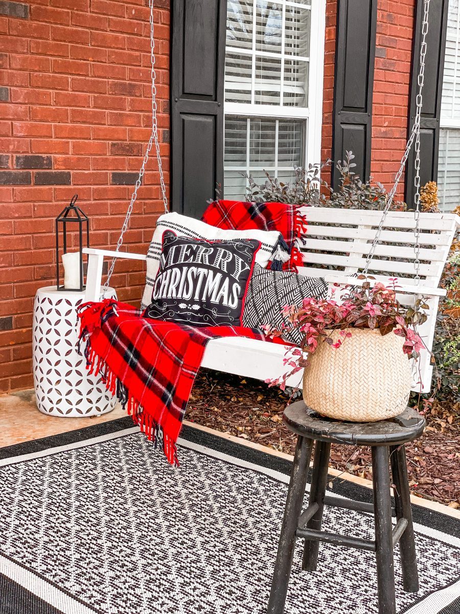 Festive Porch Swing with Red Plaid and Cozy Pillows — Simple Christmas Outdoor Decor