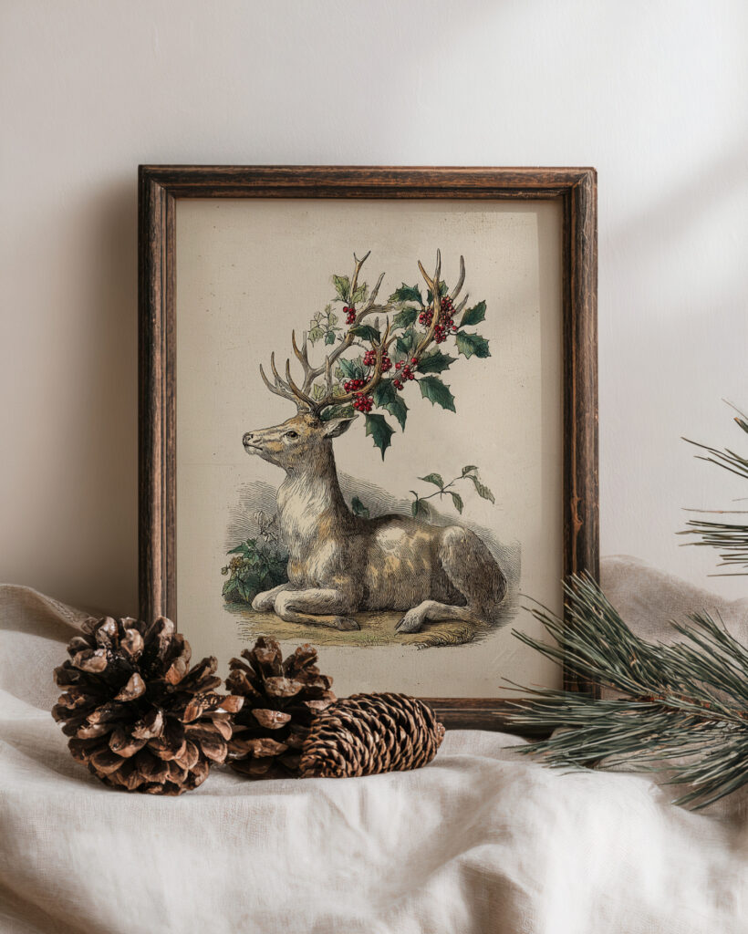 Vintage Stag Illustration with Natural Accents Vintage Stag Illustration with Natural Accents — Christmas Wall Decor