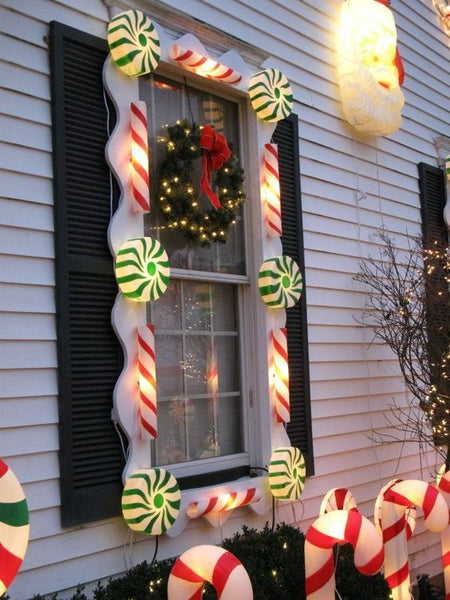 Whimsical Window with Giant Candy Cane Lights and Festive Wreath Whimsical Window with Giant Candy Cane Lights and Festive Wreath — Christmas Window Decor Outdoor