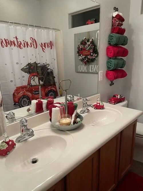 Spacious Bathroom with Red Truck Christmas Tree Shower Curtain Spacious Bathroom with Red Truck Christmas Tree Shower Curtain — Christmas Bathroom Decor