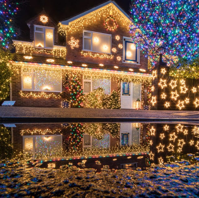 Multicolor House and Tree Lights with Reflection — Christmas Light Display Ideas