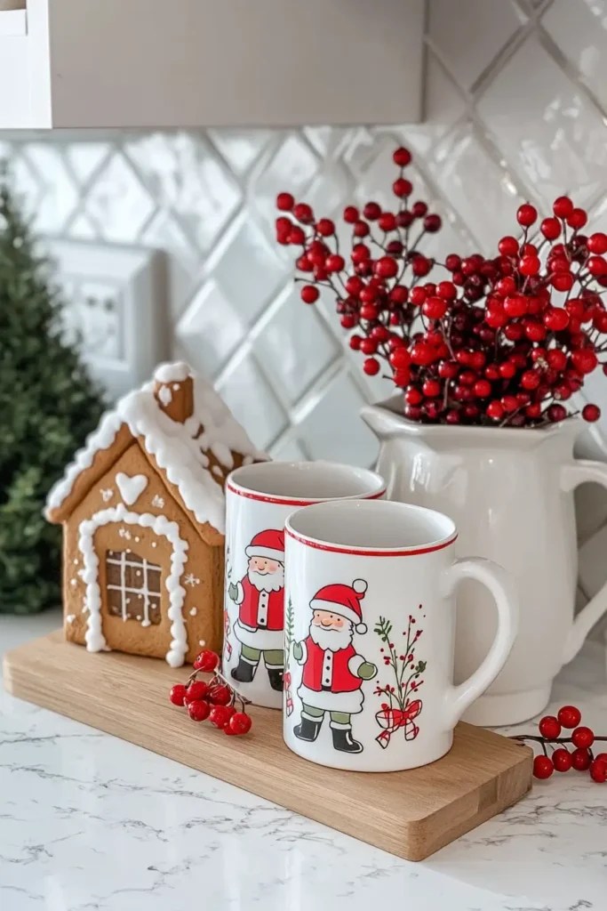 Whimsical Countertop Display with Gingerbread House and Santa Mugs — Christmas Kitchen Decor