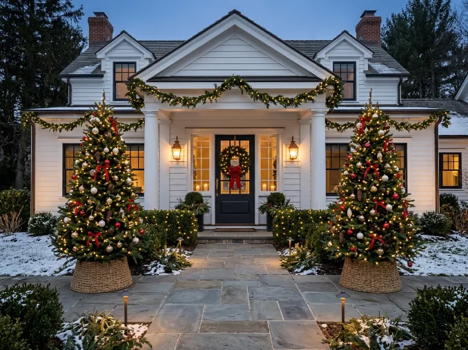 Grand Classic Porch with Large Christmas Trees and Garland Grand Classic Porch with Large Christmas Trees and Garland — Christmas Porch Decor