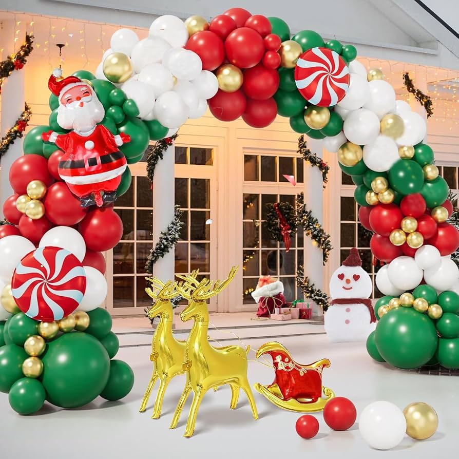 Large Red, Green, White, and Gold Balloon Arch with Themed Balloons Large Red, Green, White, and Gold Balloon Arch with Themed Balloons — Christmas Balloon Garland