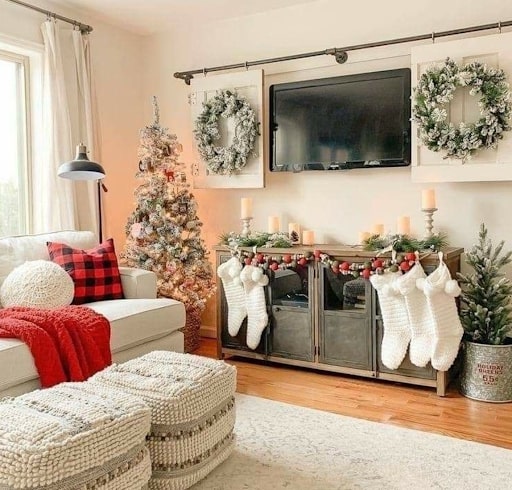 Modern Farmhouse Console Table Display — Christmas Stockings Display