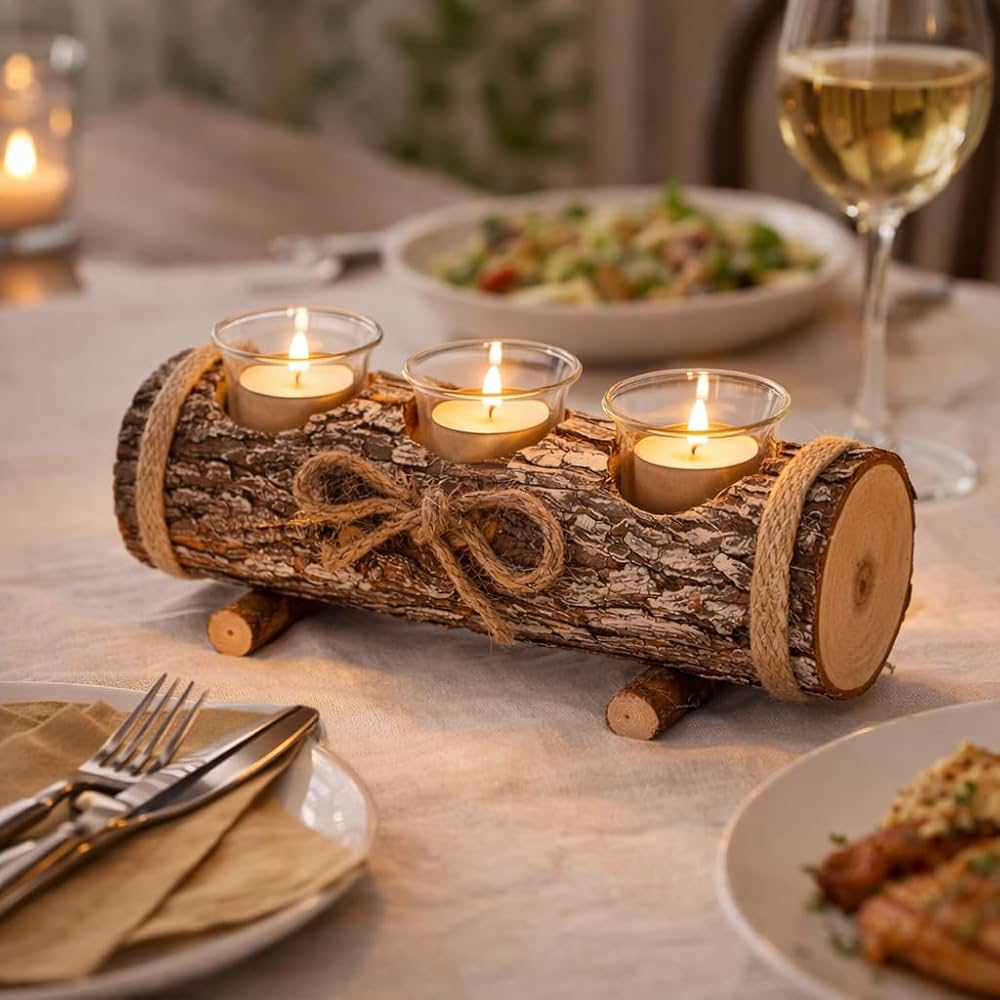 Rustic Log Tea Light Holder Centerpiece for Dining Table — Christmas Candle Decor