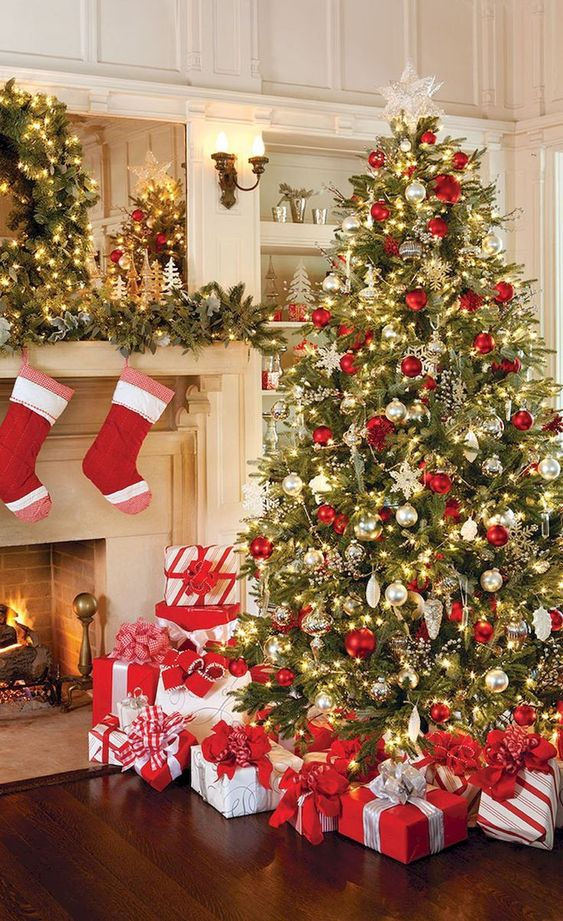 Traditional Red, White, and Silver Tree with Matching Stockings — Christmas Tree Color Schemes