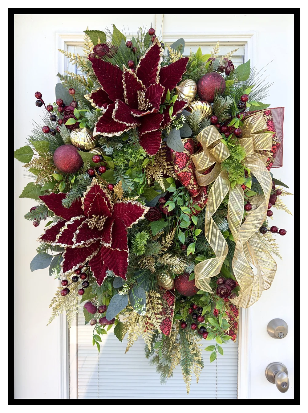 Grand Christmas Wreath with Burgundy Velvet Poinsettias and Gold Ribbon — Burgundy Christmas Decor