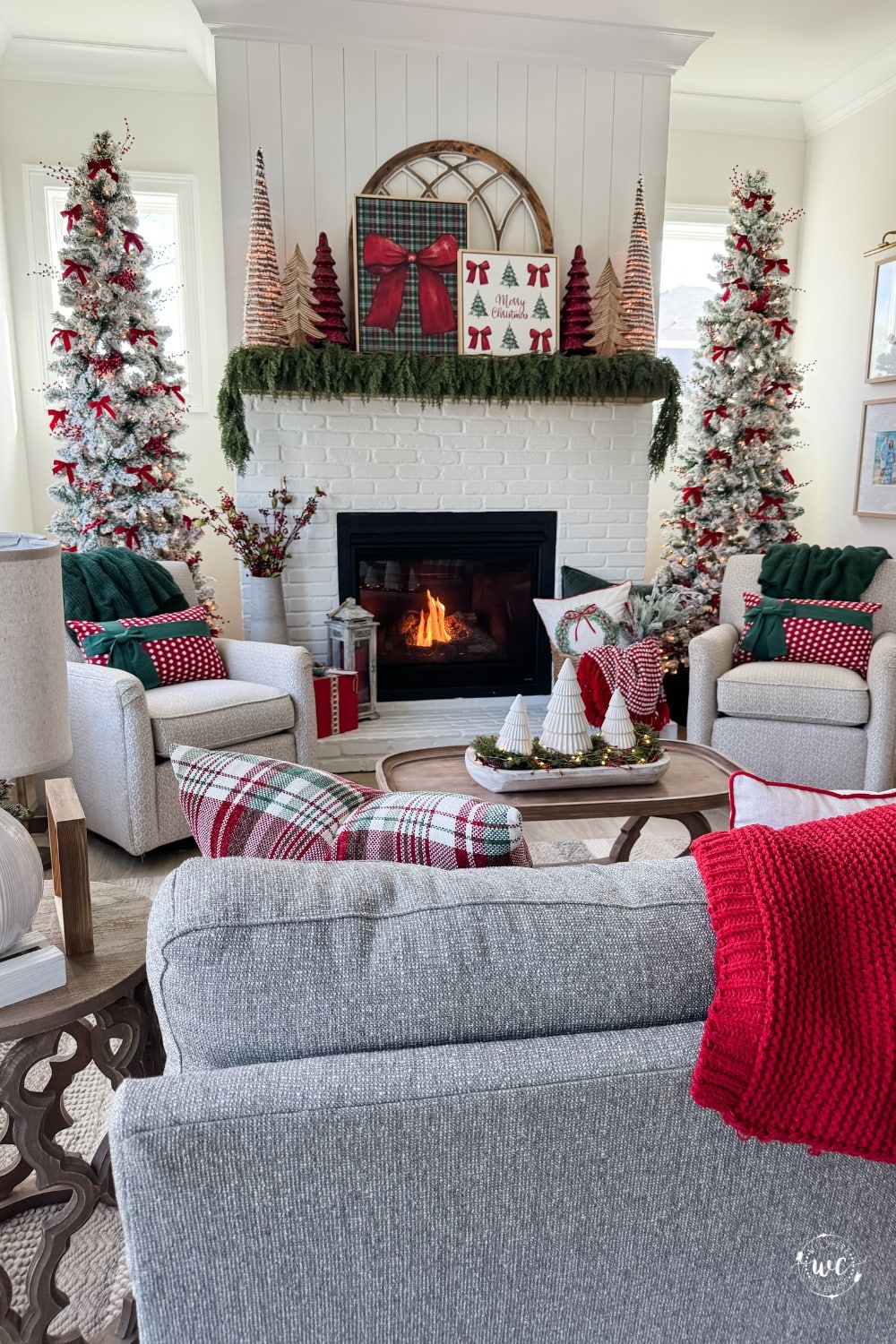 Cozy Modern Farmhouse Fireplace with Flocked Trees Cozy Modern Farmhouse Fireplace with Flocked Trees — Cozy Christmas Decor