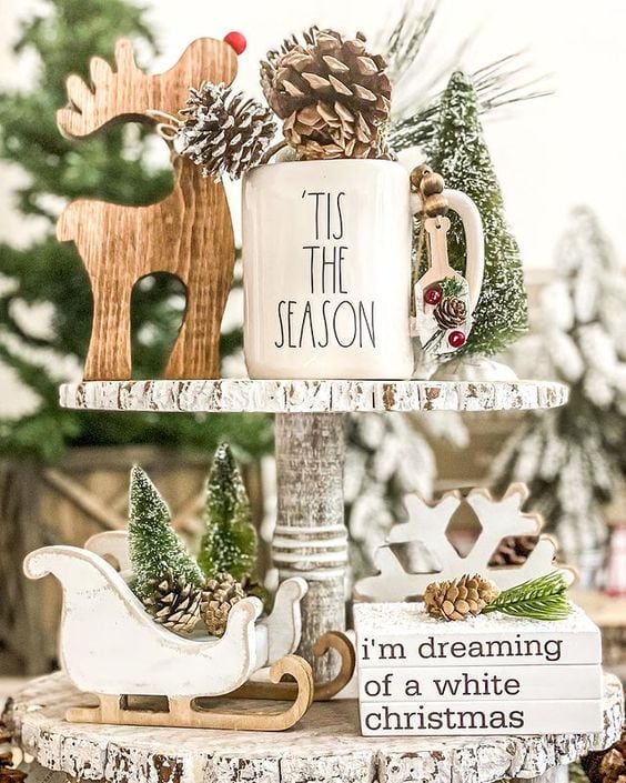 Farmhouse Tiered Tray with Wooden Reindeer and 'Tis the Season Mug Farmhouse Tiered Tray with Wooden Reindeer and 'Tis the Season Mug — Christmas Tiered Tray
