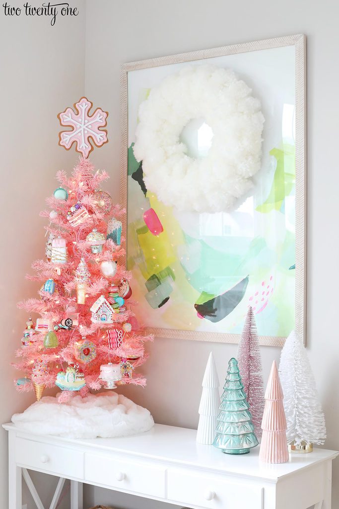 Whimsical Pink Christmas Tree on a Console Table — Pink Christmas Decor