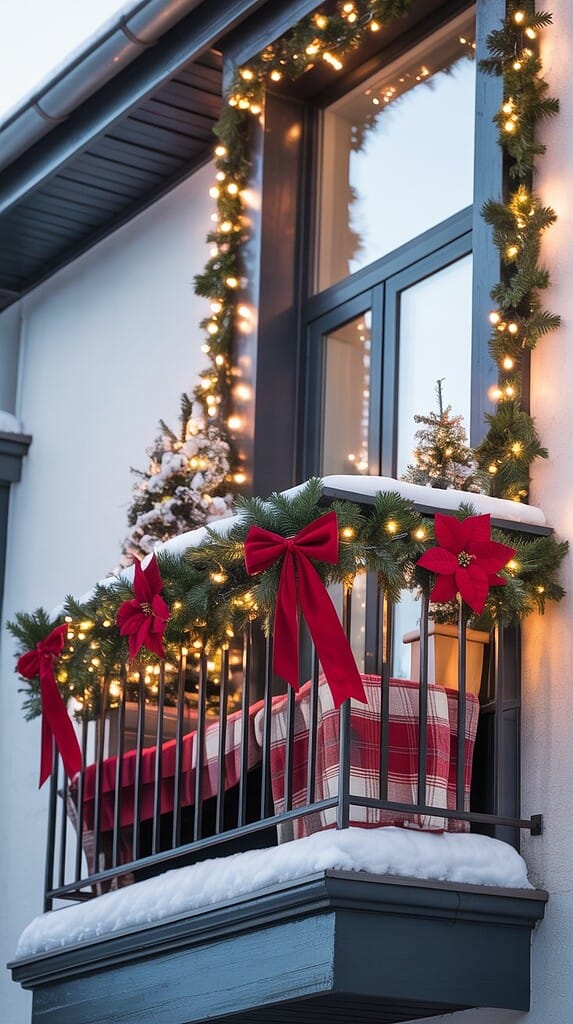 Festive Garland and Red Bows on Balcony Railing — Christmas Balcony Decor
