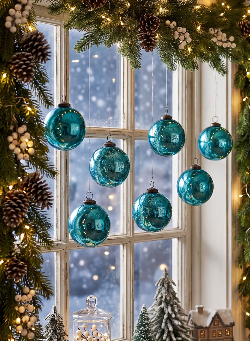 Aqua Glass Ball Ornaments Framed by a Pine Garland — Vintage Christmas Ornaments