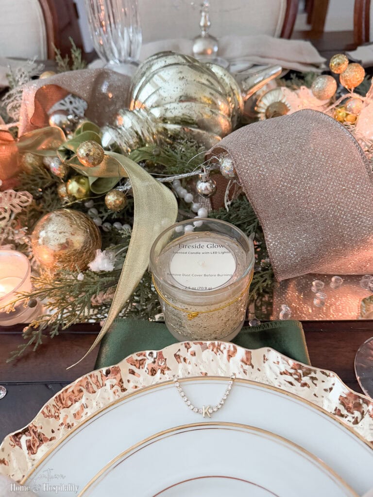 Glamorous Centerpiece with Rose Gold Ribbon and Greenery — Christmas Party Decor
